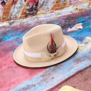 MONTIQUE MENS BEIGE 2 1/2" BRIM 2 TONE FEDORA HAT W GROSGRAIN BAND & FEATHER H91